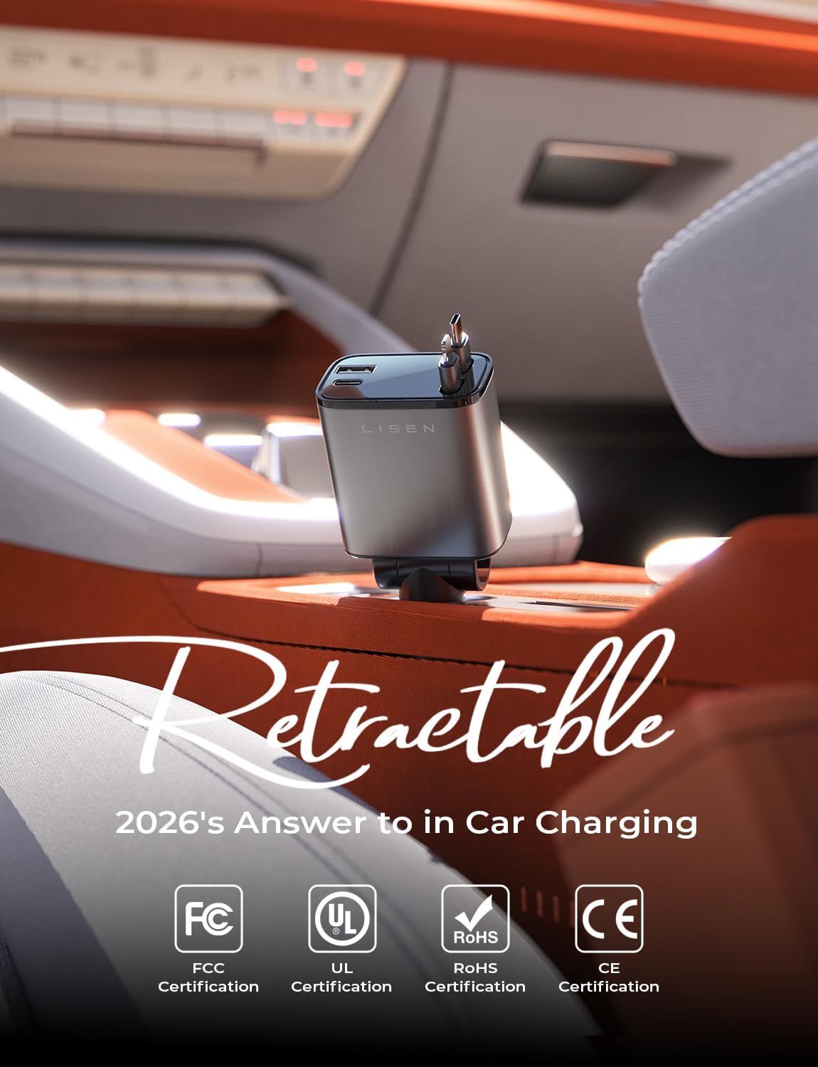 LISEN Retractable Car Charger, 84W Car Charger USB C Fast Charge, 4 in 1 - Image 2