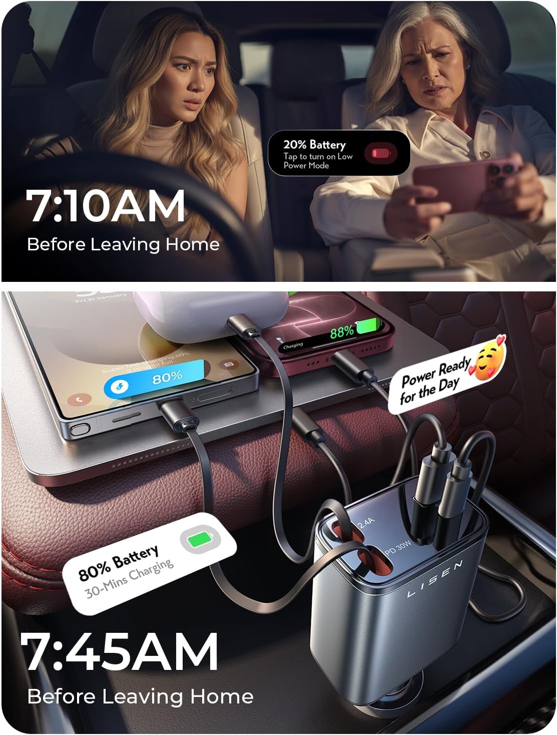 LISEN Retractable Car Charger, 84W Car Charger USB C Fast Charge, 4 in 1 - Image 5