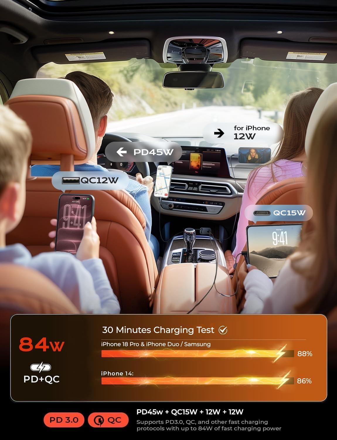 LISEN Retractable Car Charger, 84W Car Charger USB C Fast Charge, 4 in 1 - Image 6